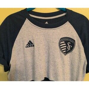 Adidas Women's Sporting Kansas City MLS Soccer Super Soft T-Shirt Navy/Gray Sz L